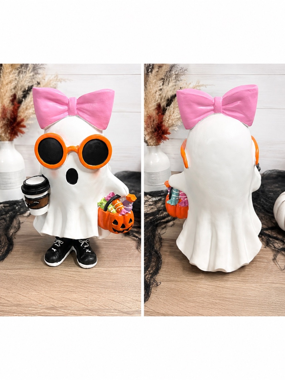 🎀👻 Adorable Pink Bow Halloween Ghost Figurine 👻🎀